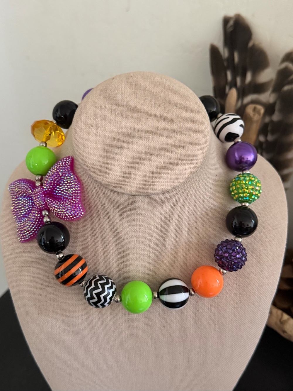 Vintage multi Color Big Beads & Oversized Bow Halloween Style Necklace